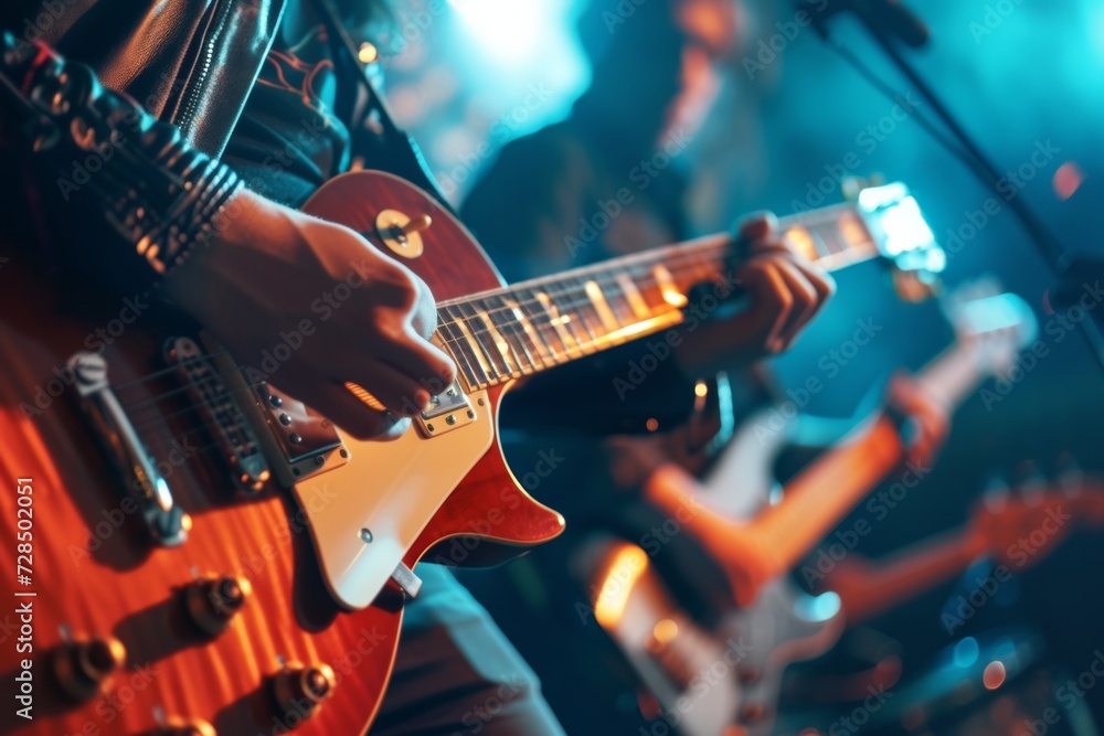 Obraz premium Music fills the air as a live band takes the stage, the guitarist strumming away as the concert comes to life. The crowd sways to the rhythm, the rock musicians playing with passion.