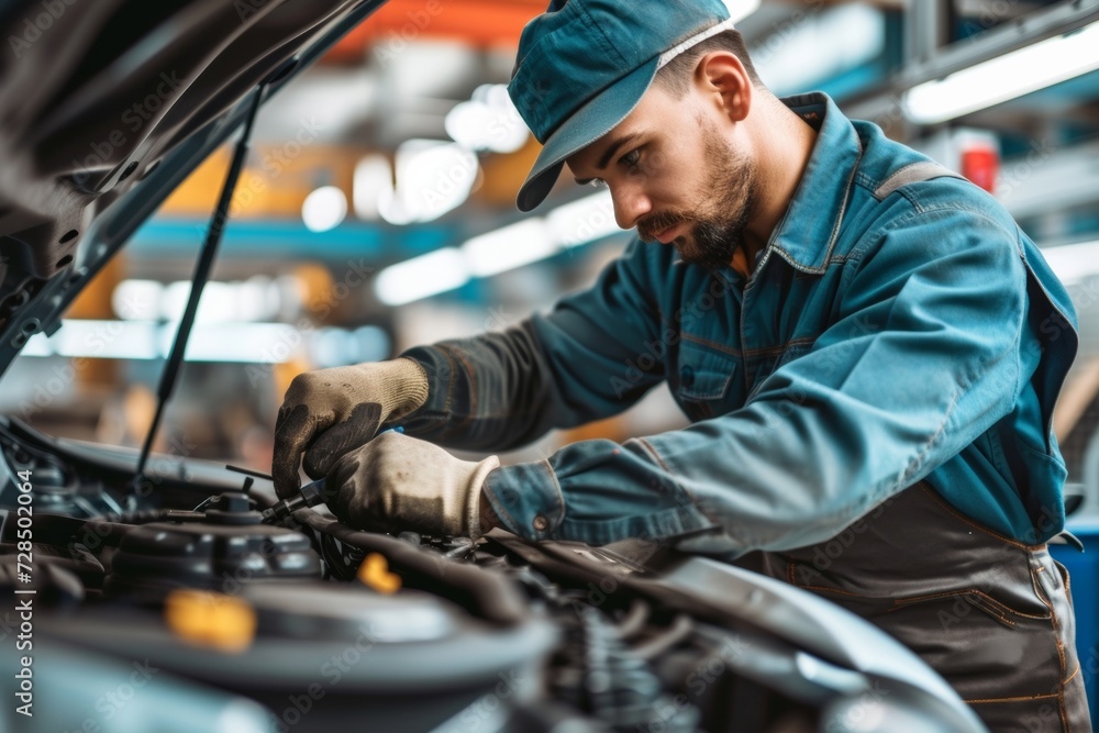A skilled car mechanic is hard at work in a well-equipped garage, performing essential repair and maintenance tasks on a vehicle in need of service. A skilled car mechanic is hard at work in a well-equipped garage, performing essential repair and maintenance tasks on a vehicle in need of service.