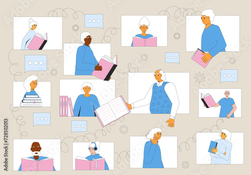 Exchange book or swap for senior people. Online library event with elderly men and women.