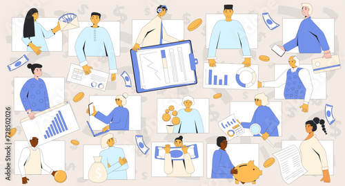 Financial literacy course online. Save money education. People group with moneyboxes, capital elements and analysis symbol. Budgeting life learning. Vector illustration.