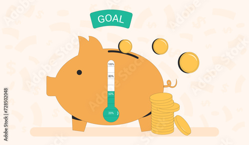 Fundraising concept. Thermometer and piggybank. Business investment. Crowdfunding event symbol
