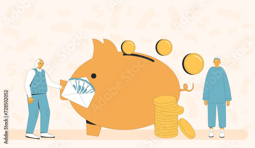 Pension fund saving plan. Senior couple with money. Retirement finance preparation for elderly people. Piggybank for family. Older adult with investment. Vector flat illustration