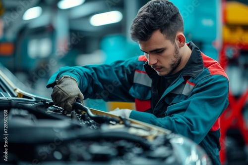 A skilled car mechanic is hard at work in a well-equipped garage, performing essential repair and maintenance tasks on a vehicle in need of service.