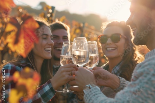 Friends gather in a picturesque vineyard, glasses of wine in hand, toasting to the autumn harvest season. The winery party is in full swing, with laughter and happy moments shared among the group.