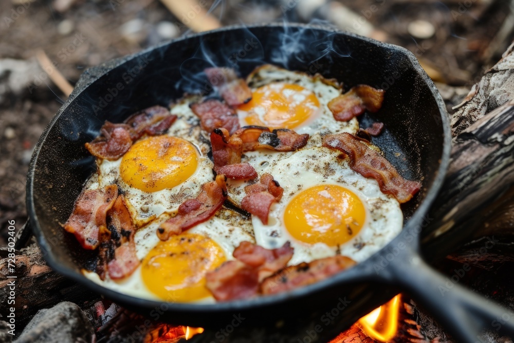 Start your camping trip with a hearty breakfast of bacon and eggs cooked over a campfire in a cast iron skillet, surrounded by the beauty of the forest. Start your camping trip with a hearty breakfast of bacon and eggs cooked over a campfire in a cast iron skillet, surrounded by the beauty of the forest.