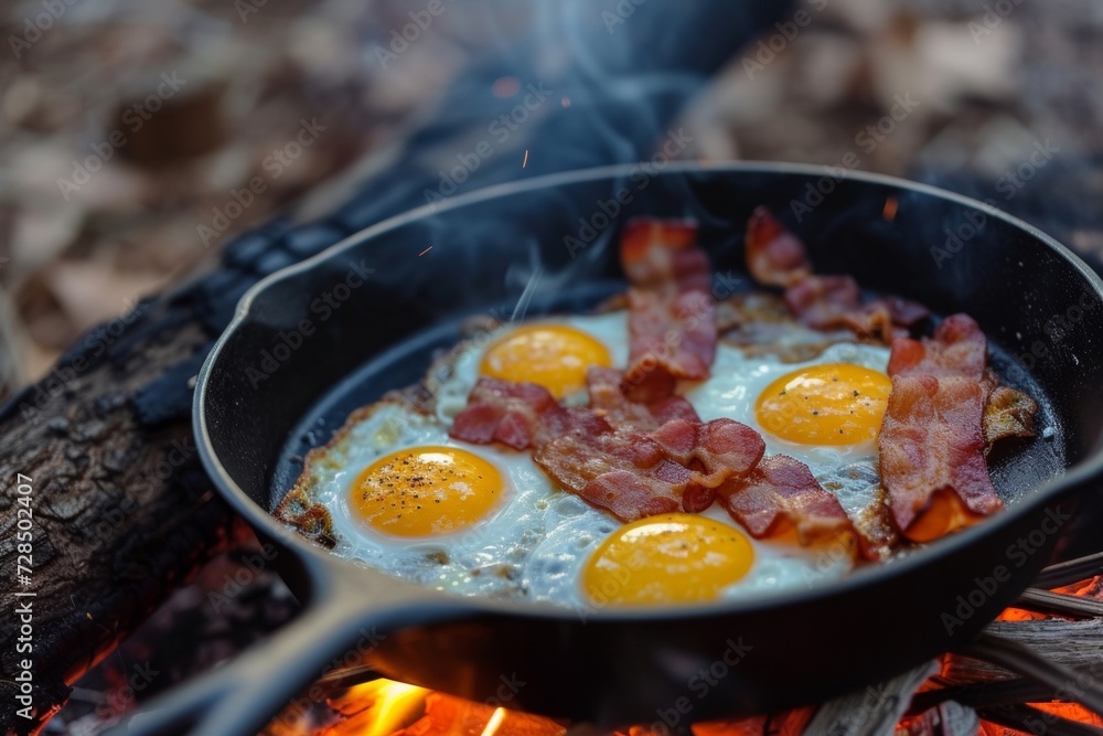 Start your camping trip with a hearty breakfast of bacon and eggs cooked over a campfire in a cast iron skillet, surrounded by the beauty of the forest. Start your camping trip with a hearty breakfast of bacon and eggs cooked over a campfire in a cast iron skillet, surrounded by the beauty of the forest.