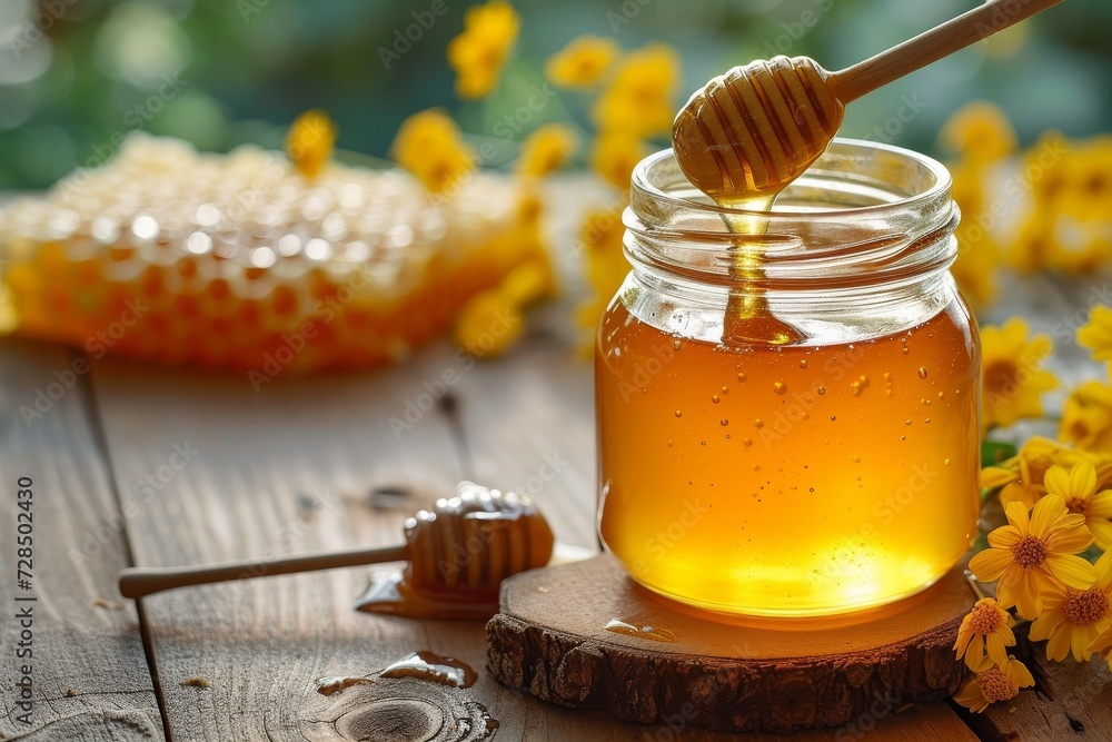 A sweet delicacy, trapped in a mason jar, beckoning with its golden hue and tempting with the promise of a floral sweetness, all contained by a simple wooden stick A sweet delicacy, trapped in a mason jar, beckoning with its golden hue and tempting with the promise of a floral sweetness, all contained by a simple wooden stick