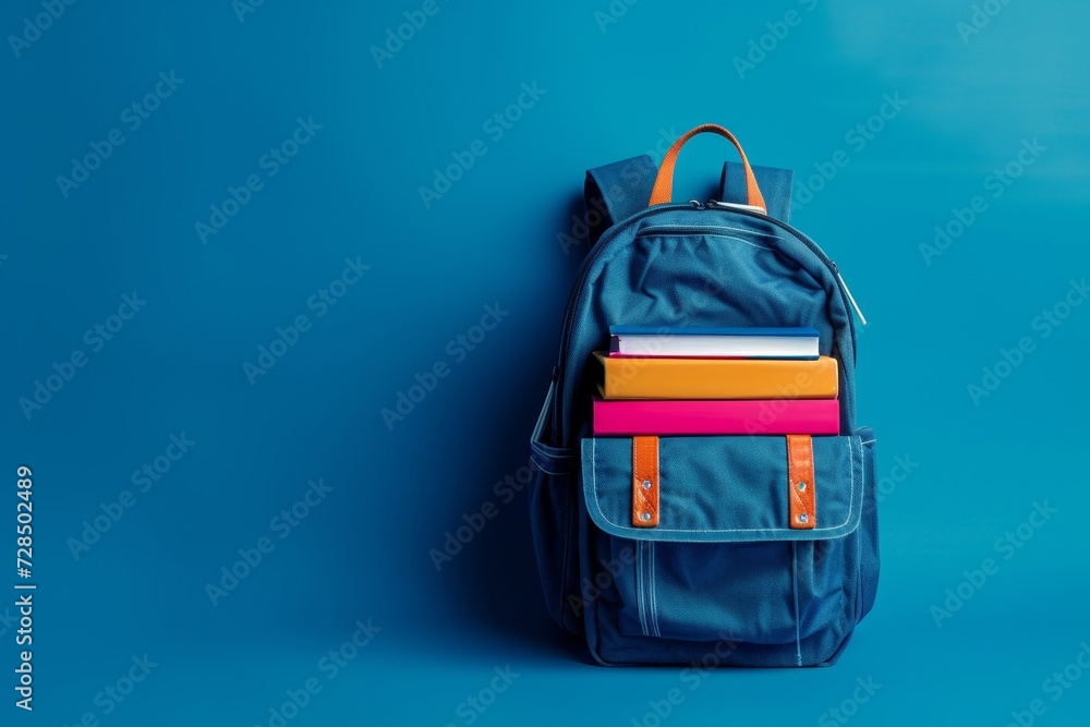 Pack your backpack with books, stationery, and a tablet for a successful school year. This isolated blue bag is perfect for education and back-to-school essentials. Pack your backpack with books, stationery, and a tablet for a successful school year. This isolated blue bag is perfect for education and back-to-school essentials.