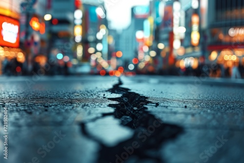 In a bustling city  a long crack runs down the street  evidence of earthquake damage to the asphalt road  causing traffic problems and danger.