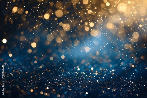 abstract navy blue background featuring sparkling gold stars, shimmering light particles, and a glistering foil texture for a festive 2024 New Year celebration.