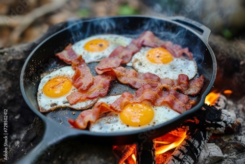 Start your camping trip with a hearty breakfast of bacon and eggs cooked over a campfire in a cast iron skillet, surrounded by the beauty of the forest.