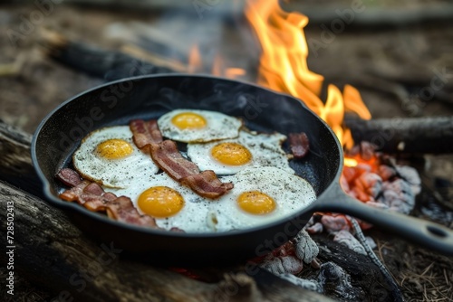 Start your camping trip with a hearty breakfast of bacon and eggs cooked over a campfire in a cast iron skillet, surrounded by the beauty of the forest.