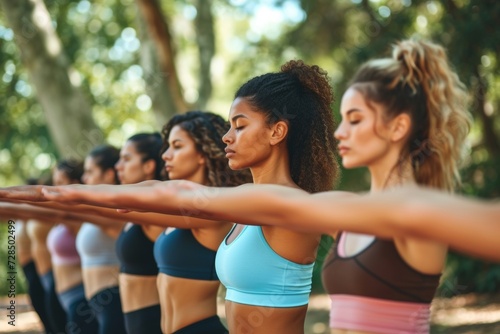 A diverse group of women come together in the park for a yoga class, focusing on breathing exercises and arm stretches to promote overall well-being and fitness.