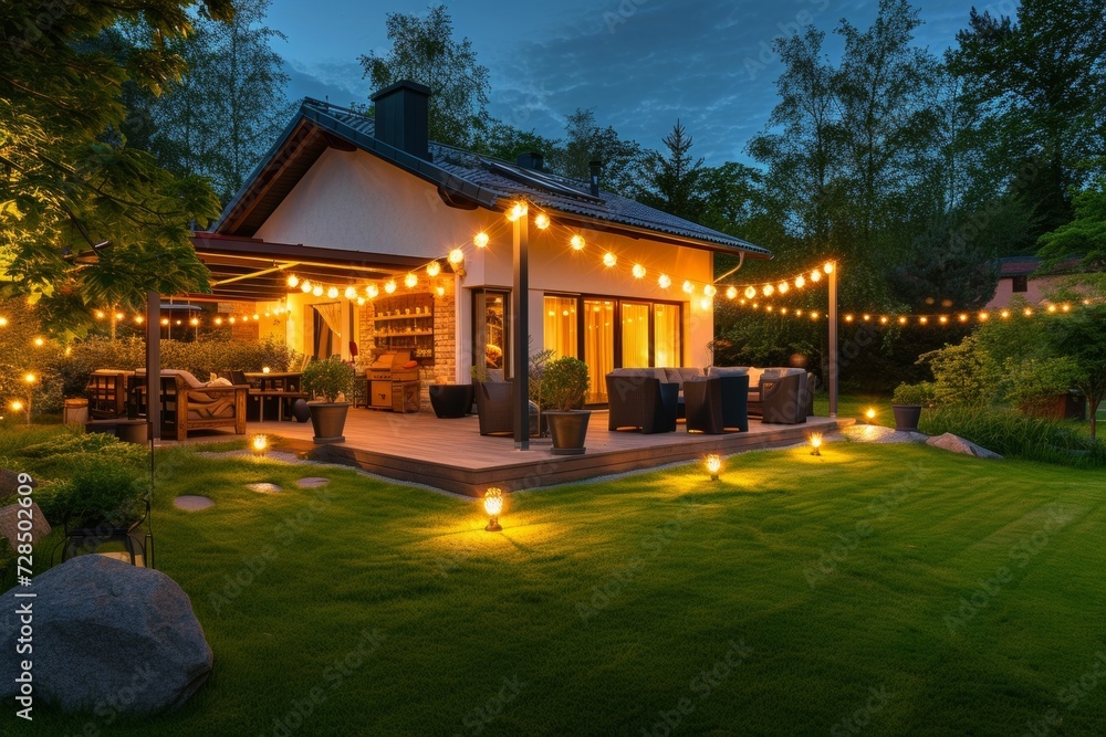 Enjoy a summer evening on the patio of a luxurious suburban home, surrounded by a beautifully designed garden. The backyard is a cozy oasis with modern style and elegant lighting. Enjoy a summer evening on the patio of a luxurious suburban home, surrounded by a beautifully designed garden. The backyard is a cozy oasis with modern style and elegant lighting.