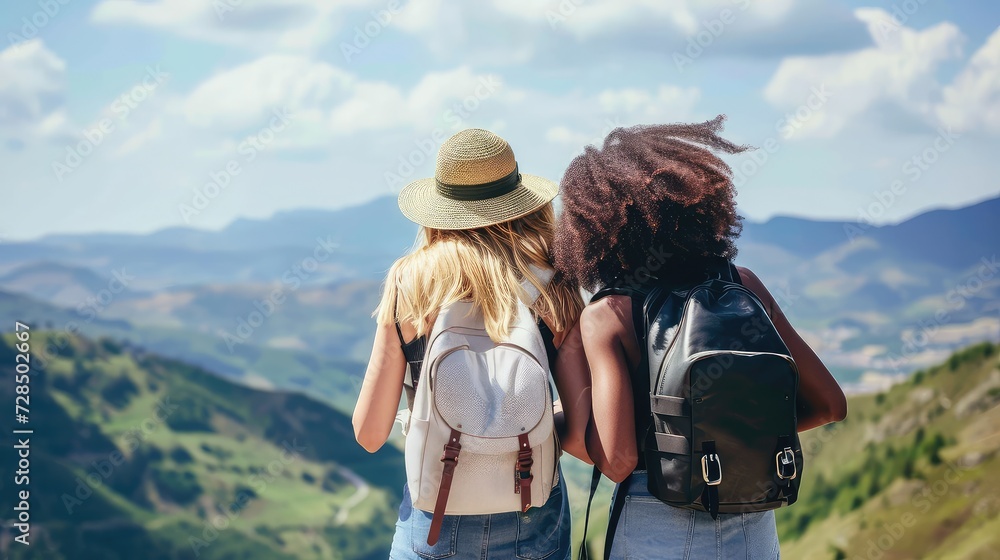 Female hikers walking along the mountain path. Surrounded by the wonders of nature, they radiate happiness and inspire others to pursue their passions.