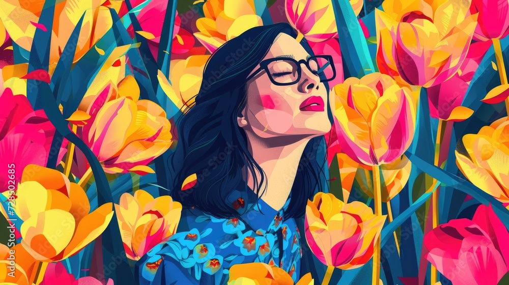 Colorful Pop art abstract illustration of a girl meditating among tulips, retro style