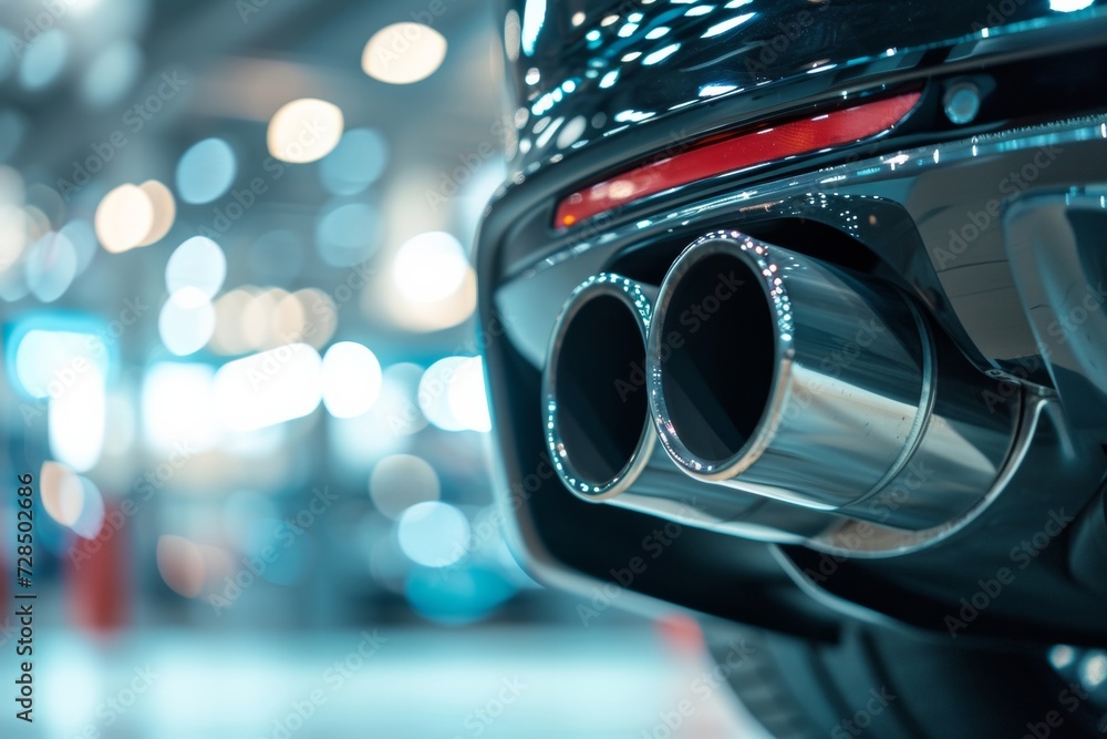 The sleek stainless steel exhaust tip of this sports car adds a touch of luxury to its design, while the dual muffler pipes emit a powerful roar as it sits in the showroom, ready to hit the road.
