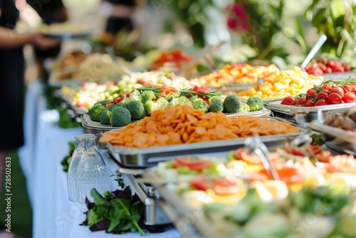 Make your wedding unforgettable with our top-notch catering service, offering a lavish buffet filled with mouthwatering meats, fresh vegetables, and decadent sweets.