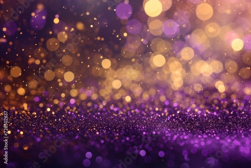 holiday season with this gold and purple abstract glitter confetti bokeh background. The light and shimmer of christmas, bokeh, gold.