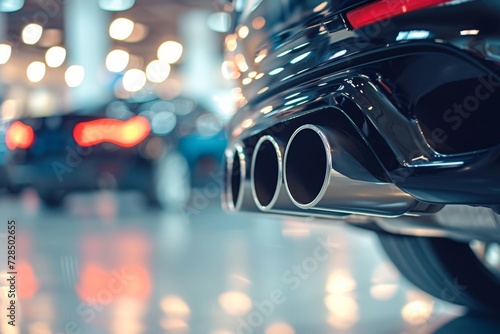 The sleek stainless steel exhaust tip of this sports car adds a touch of luxury to its design, while the dual muffler pipes emit a powerful roar as it sits in the showroom, ready to hit the road.