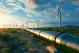 The hydrogen pipeline runs alongside wind turbines, showcasing a cutting-edge fuel infrastructure powered by renewable technology for a sustainable future.
