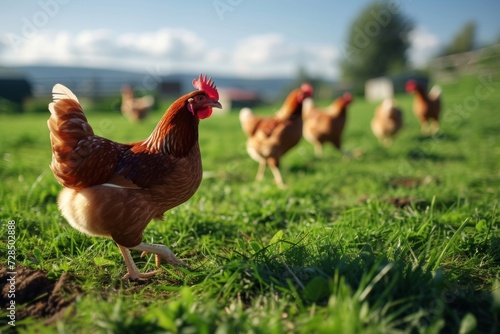 Chickens roam freely on a lush green farm, showcasing the essence of eco-friendly poultry agriculture and the importance of domestic farming for egg production.