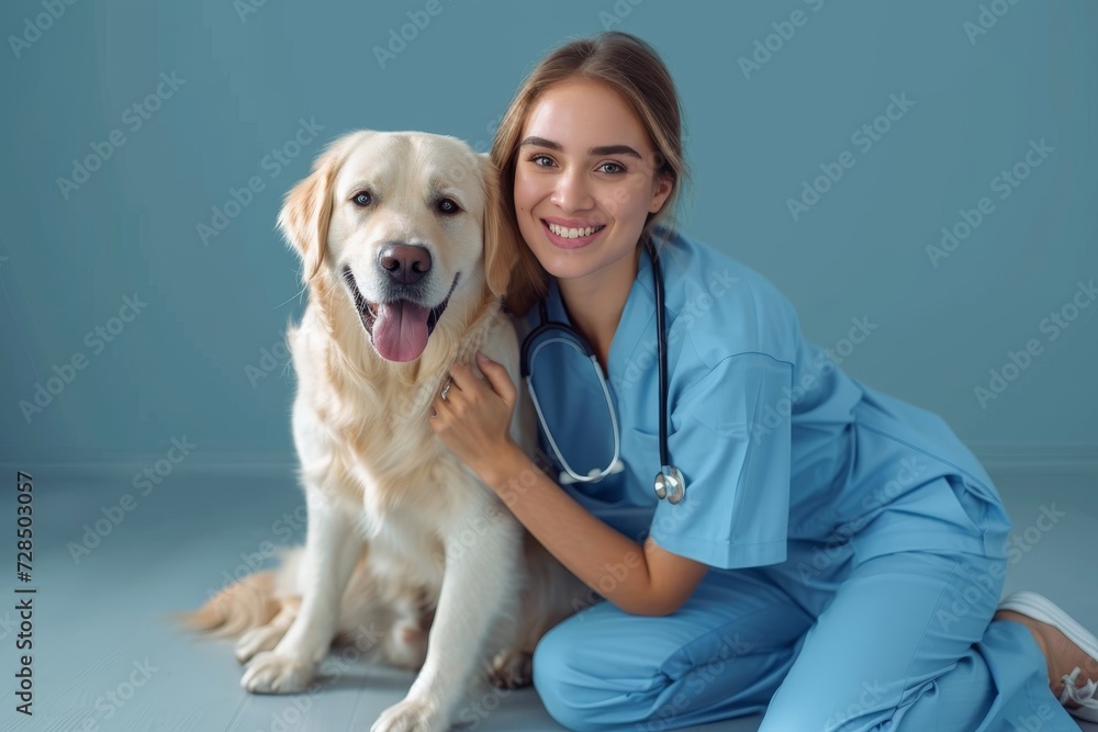 A cheerful female veterinarian poses with her beloved golden retriever against a vibrant blue wall, exuding warmth and compassion in her scrubs and stethoscope