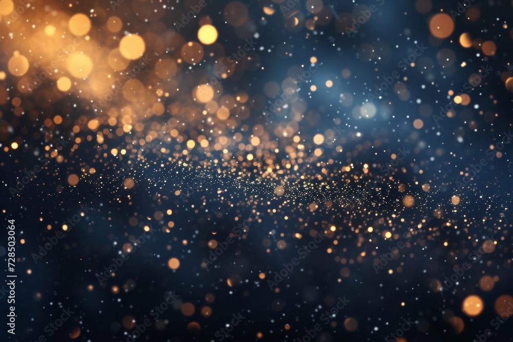 stunning holiday backdrop with a dark blue and gold abstract background featuring glistering light particles, shiny bokeh, and a gold foil texture for a magical touch.