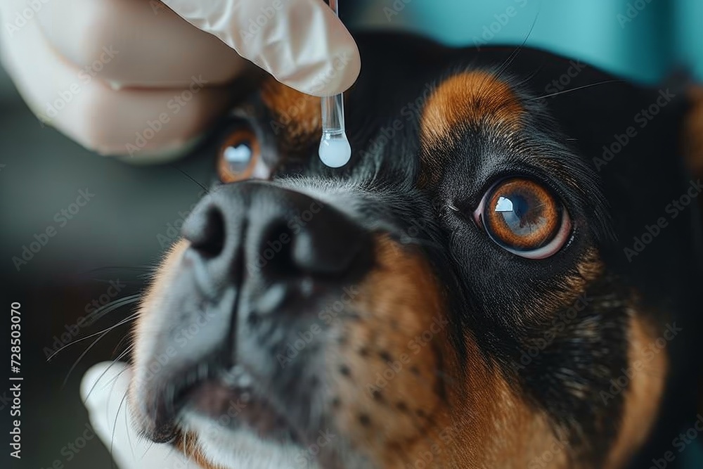 A devoted owner carefully administers eye drops to their beloved brown canine, ensuring their furry friend's health and well-being A devoted owner carefully administers eye drops to their beloved brown canine, ensuring their furry friend's health and well-being