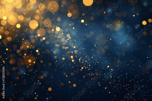 stunning holiday backdrop with a dark blue and gold abstract background featuring glistering light particles, shiny bokeh, and a gold foil texture for a magical touch.