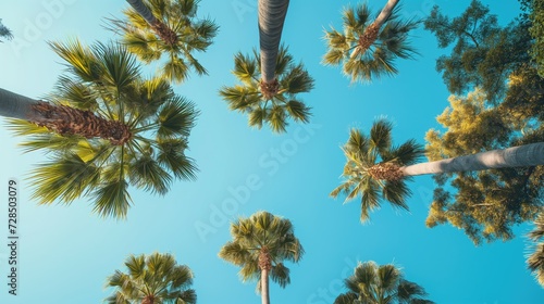Tropical palm trees in a circle against the sky