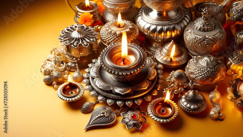 Silver oil lamp and arrangement for thaipusam on yellow background