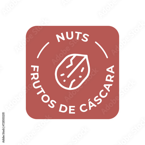 Simple. Isolated Vector Logo Badge Ingredient Warning Label. Colorful Allergens icons. Food Intolerance Nuts. Written in Spanish and English