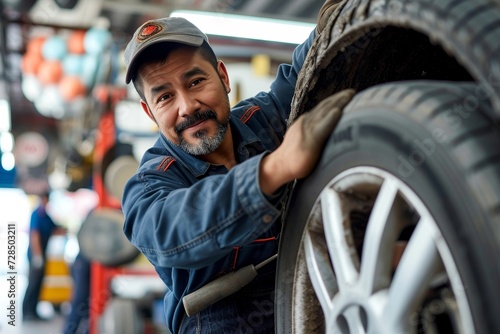 A smiling man stands outdoors, holding a tire with tread made of synthetic and natural rubber, showcasing the connection between humans and automotive parts photo