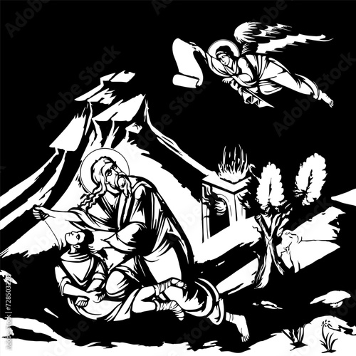 Traditional orthodox image of Binding of Isaac. Christian illustration black and white in Byzantine style