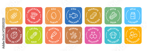 Isolated Vector Logo Set Badge Ingredient Warning Label. Colorful Allergens icons. Food Intolerance. The 14 allergens required to declare written in Spanish and English