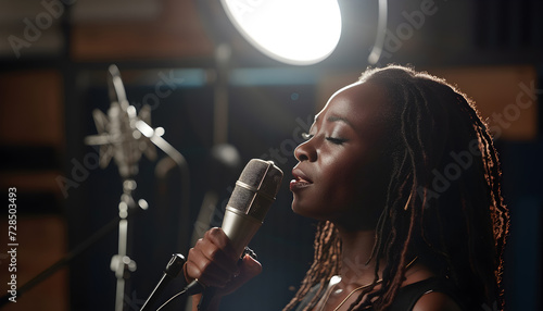 Young Black Woman sings, a singer records a song in a recording studio.
