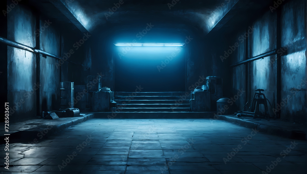 Unoccupied subterranean setting with atmospheric blue lighting, offering ample space for text or product placement.