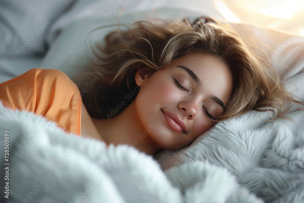 A peaceful slumber envelops the young woman as she lays comfortably on her bed, her skin glowing in the soft indoor light, embraced by the warmth of the white blanket A peaceful slumber envelops the young woman as she lays comfortably on her bed, her skin glowing in the soft indoor light, embraced by the warmth of the white blanket