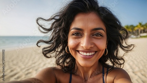 Happy Indian woman taking a selfie on a sunny beach, with windswept hair and a bright smile.