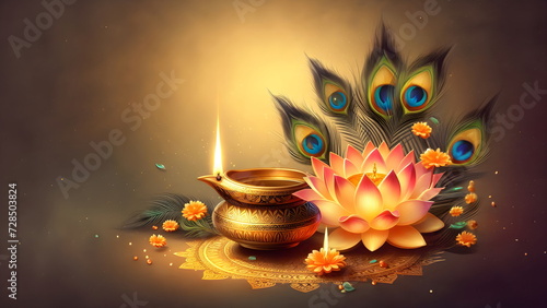 Thaipusam celebration background with a simple indian oil lamp,peacock feathers and lotus flowers photo