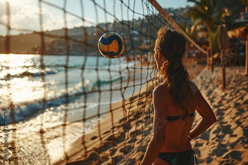 A girl in a swimsuit plays beach volleyball at sunset, Concept: sports illustrations, feature articles about beach games and summer activities with friends and family.