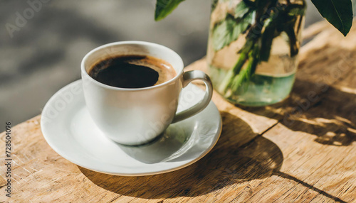 Coffee cup on wooden table in morning light