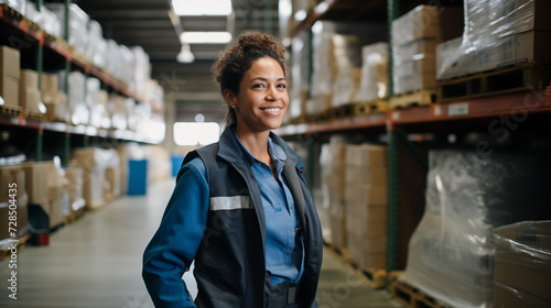 mature logistic blue collar worker woman smiling and looking at the camera in a warehouse