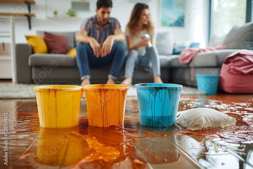 A person sits at a table indoors with a group of people, their clothing strewn on the floor as they each hold a cup, surrounded by buckets, as they enjoy a drink and each other's company