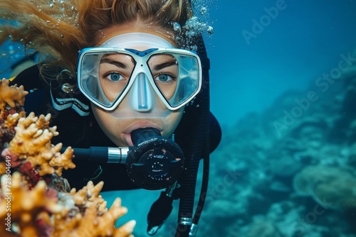 A fearless aquanaut explores the depths of the ocean, surrounded by vibrant marine life and the hum of her oxygen mask