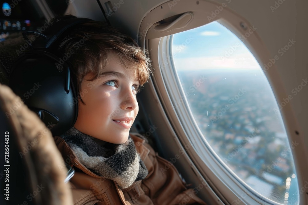 A young boy stares longingly out of an indoor window, his human face contorted with emotion as he watches a girl in flight, her clothing billowing in the wind