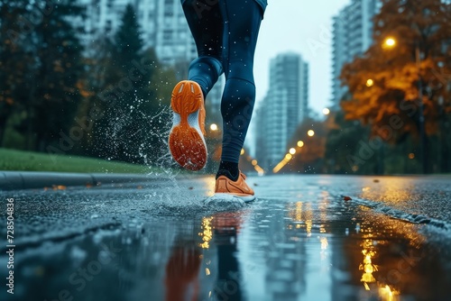A determined person sprints through the rain, their footwear splashing in the puddles as they pass by trees and buildings, their reflection rippling in the wet street under the cloudy sky