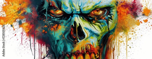 painting style illustration of punk zombie abstract face graffiti style, color splash and grungy dirty stain, Generative Ai 