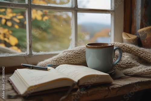 Amidst the quiet of an early morning, a cozy scene unfolds as a worn book and steaming mug sit side by side on a sunlit windowsill, inviting a peaceful moment of reflection and warmth